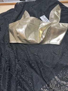 LBV METALLIC VEGAN LEATHER BRA iN GOLD.